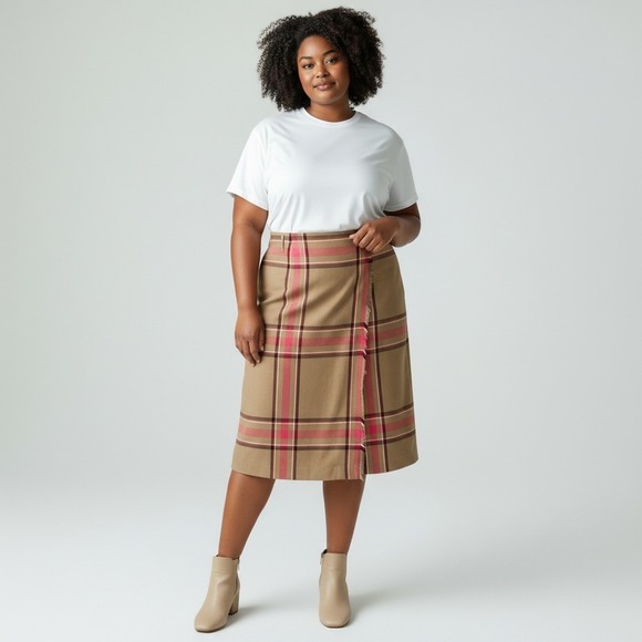 Evan-Picone Dresses & Skirts - Evan-Picone Woman Vintage Tan Plaid Faux Wrap Midi Skirt Size 18W Plus Size